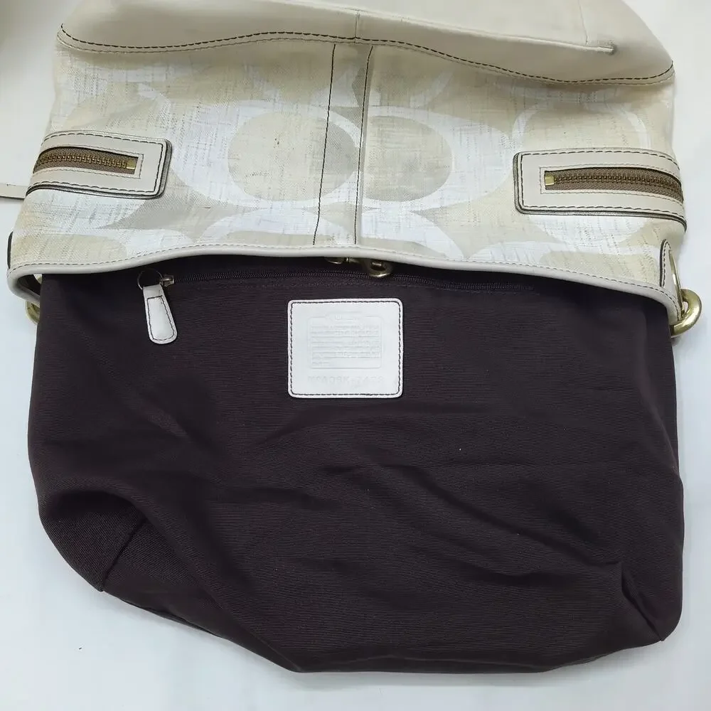 Coach Signature Of-White Canvas Leather Trim Zipper Pockets Hobo Shoulder Bag